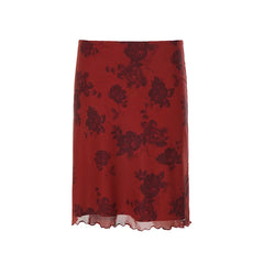 Red Floral Print Low Waist Double Layer Mesh Midi Skirt