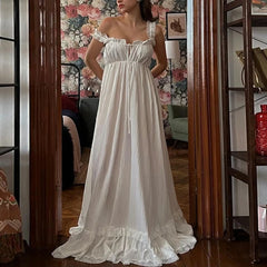 White Ruffle Trim Tie-up Square Neck Sleeveless Long Dress