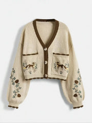 Fox Embroidery Cropped Open Front Cardigan