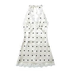 White Satin Polka Dot Lace Halter Mini Dress