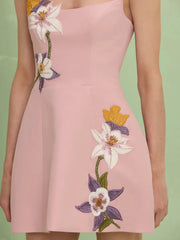 Pink Strapless Floral Embroidered Mini Dress