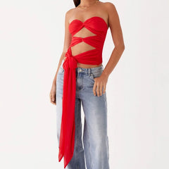 Edgy Strapless Cutout Crop Top - Contemporary Tie-Detail Bandeau