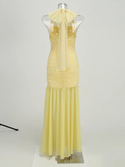 Yellow Halter Tie Up Ruched Mesh Maxi Dress
