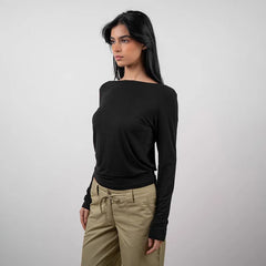 Hollow Open-Back Long-Sleeve Round-Neck Top