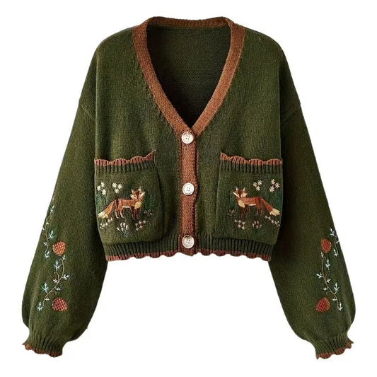 Fox Embroidery Cropped Open Front Cardigan