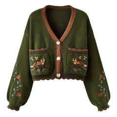 Fox Embroidery Cropped Open Front Cardigan