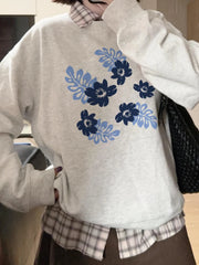 Grey Long Sleeve Blue Flower Print Sweatshirt