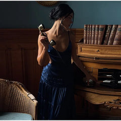 Blue Velvet Ruffles Backless Long Dress