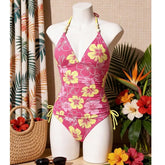 Pink Floral Bead Halter Side Lace Up Bathing Suit Bikini Set