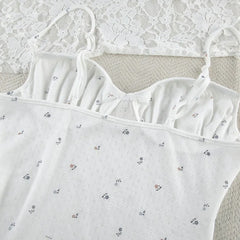 White Printed Ribbed Spaghetti Strap Nightie Sleepwear Dress