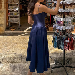 Solid Spaghetti Strap Bustier Pleated Midi Dress