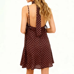 Brown Dot Print V Neck Spaghetti Strap Dress with Scarf