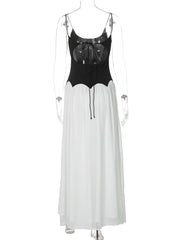 Black n White Splice Spaghetti Strap Long Dress