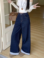 Blue Plaid Patchwork Denim Wide Leg Trousers