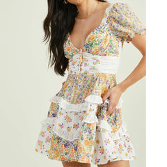 Flower Print Tiered Patchwork Short Sleeve Mini Dress