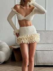 White Long Sleeve Crop Top And Ruffle Trim Mini Skirt Set