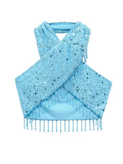 Blue Sequin Criss Cross Crop Top And Tassel Mini Skirt Set