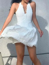 White Halter Eyelet Flare Mini Dress