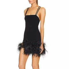 Black Fur Trim Strappy Desgin Mini Dress