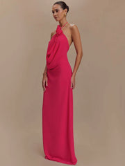 Rose 3d Flower Strap Halter Maxi Dress