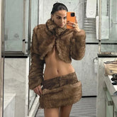Brown Faux Fur Crop Coat With Patchwork Mini Skirt