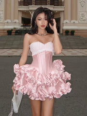 Pink Satin Corset 3d Flower Ruffles Mini Dress