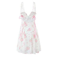 Pink Floral Bow Mesh Cami Mini Dress