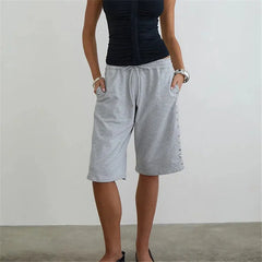 Drawstring Side Snap Button Knee Length Bermuda Shorts
