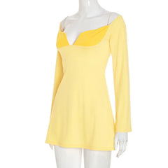 Yellow V Neck Off-shoulder Long Sleeve Mini Dress