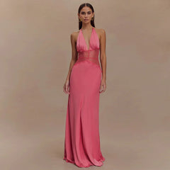 Satin Lace Patchwork V-neck Midi Dress