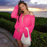 Pink Off-Shoulder Long Sleeve Lace-up Mini Dress
