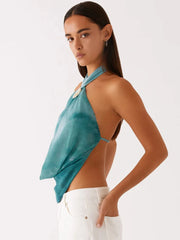 Blue Tie Dye Halter Deep Neck Top