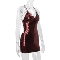 Red Tie Up Cami Sequin Mini Dress