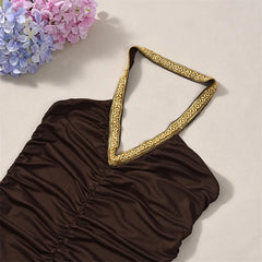 Brown Halter Gold Stripe Patchwork Mini Dress