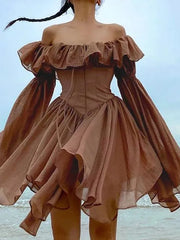 Brown Off Shoulder Long Sleeve Frill Mini Dress