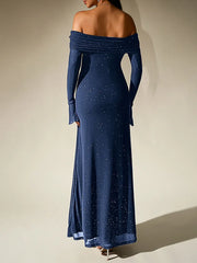 Off-Shoulder Flared Long Sleeve Sequined Maxi Dress