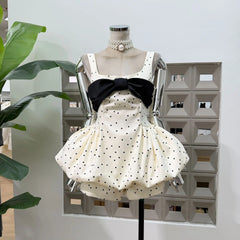 Polka Dot Bow Embellished Bubble Hem Mini Dress With Shorts