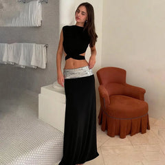 Open Back Top And Sequin Strap Long Skirt Set