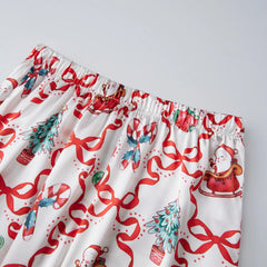 Christmas Feather Trim Satin Long Sleeve Button Down Top And Pants Pajama Set