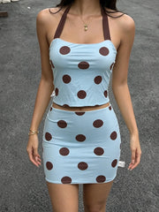 Polka Dot Reversible Halter Crop Top And Mini Skirt Set