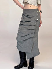 Ruched Bottom Button Zip Mid-Calf Skirts
