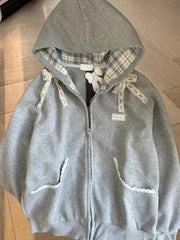 Lace Patchwork Bow Zip Hoodie