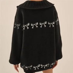 Bow Print Collar Button Up Cardigan