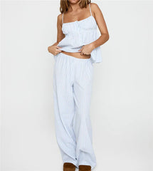 Striped Spaghetti Strap Peplum Top And Wide Leg Pants Loungewear Set