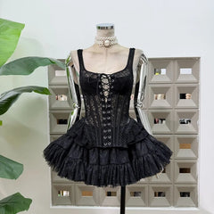 Lace Tie Fishbone Corset Top And Tulle Mini Skirt Set