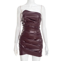 Off-shoulder PU Leather Strapless Ruched Mini Dress