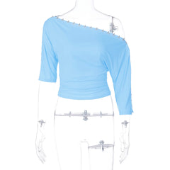 Off- Shoulder Hook Button Slit Sleeve Top