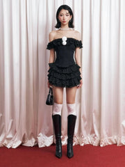 Off-shoulder Frill Rose Corset Top And Polka Dot Ruffle Mini Sirt Set