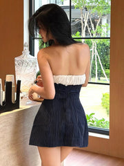 Blue Striped Ruched Bust Strapless Mini Dress