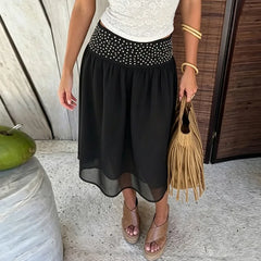 Polka Dot Stud Black Midi Skirt